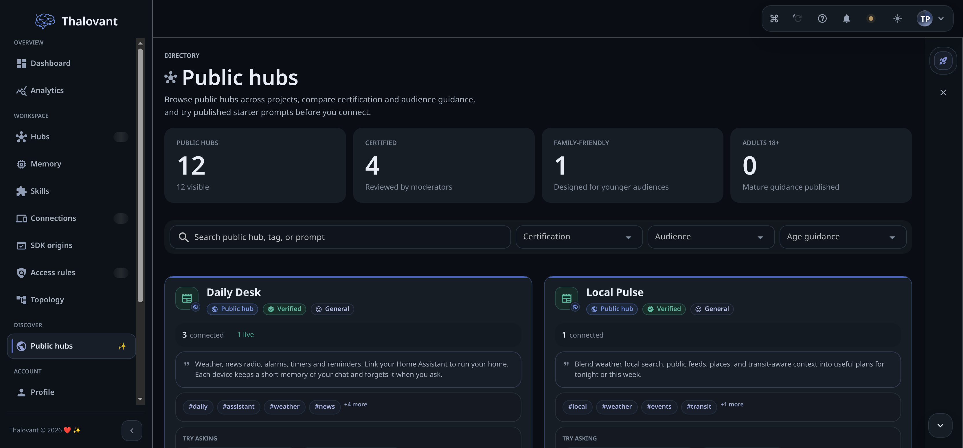 The Public hubs page of a workspace in dark mode: search, filters and the first hub cards.