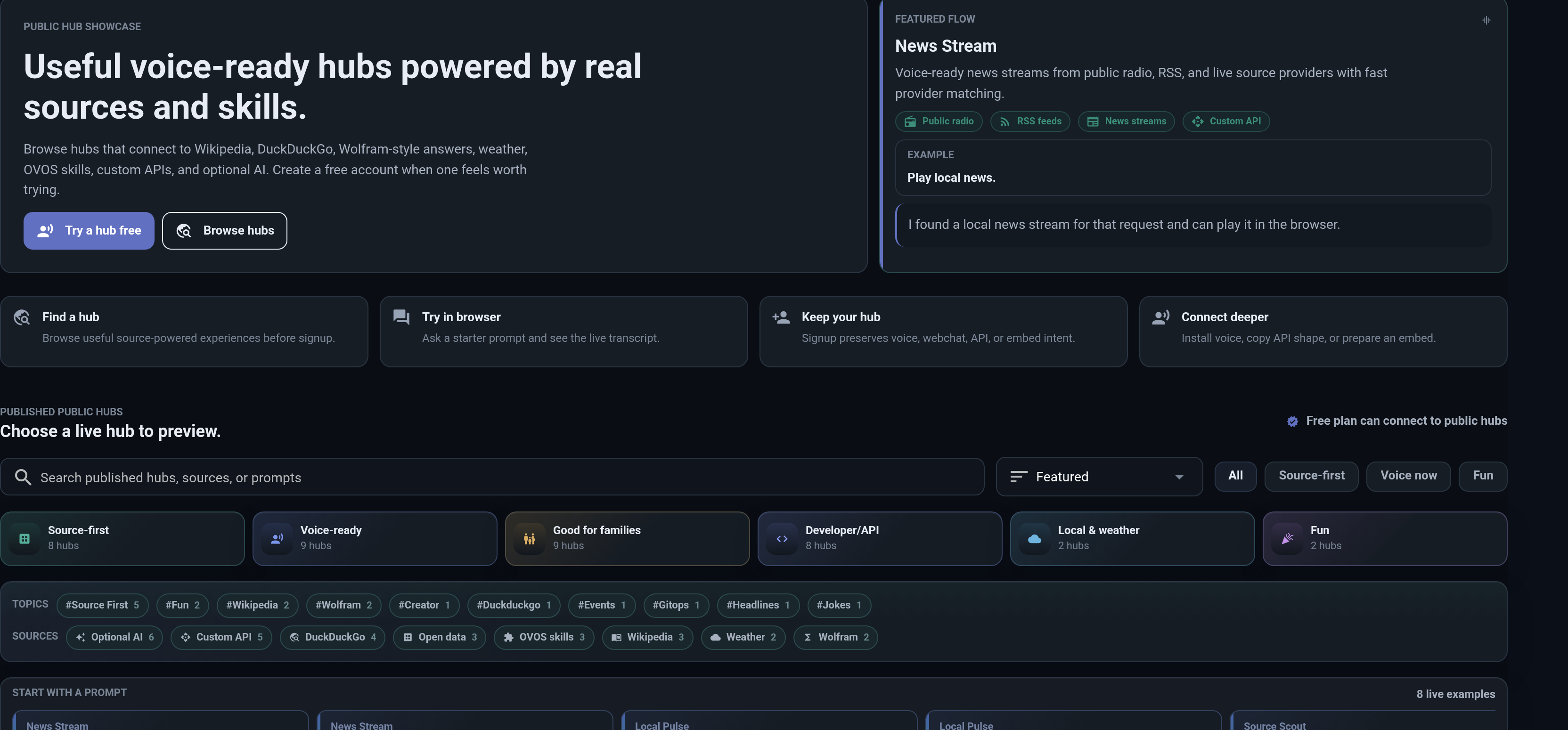 Thalovant public hubs console with search, filters, and public hub cards in dark mode