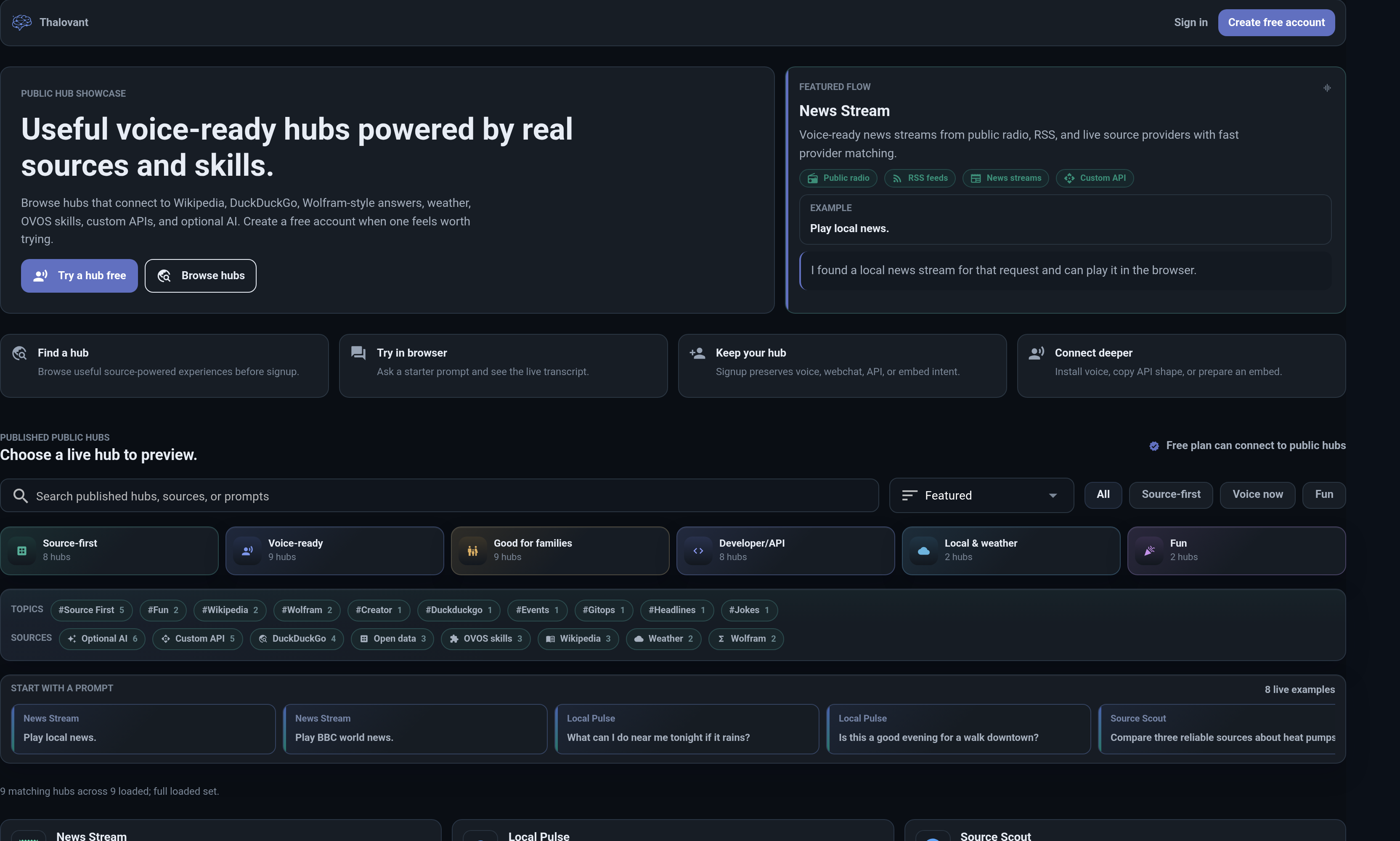 Thalovant Explore in dark mode showing public hubs, prompt examples, source categories, voice-ready flows, API surfaces, and signup actions